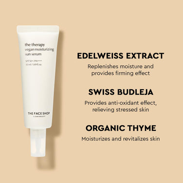 The Face Shop The Therapy Vegan Moisturizing Sun Serum With Spf 50 Pa++++ For Broad Spectrum Protection, No White Cast Moisturizing Serum Sunscreen For All Skin Type, 50 Ml